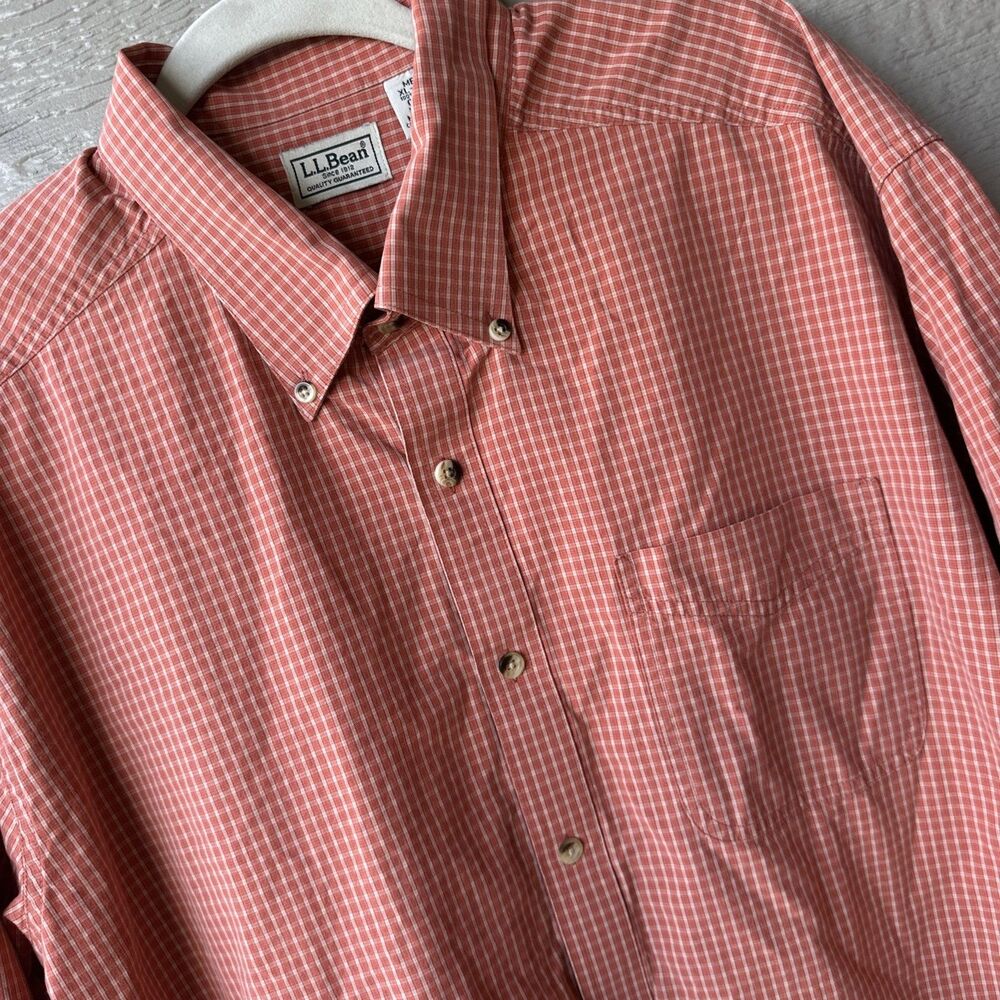 LL Bean Shirt Mens XL Tall Micro Check Plaid Sport Shirt Orange Button Up Dress
